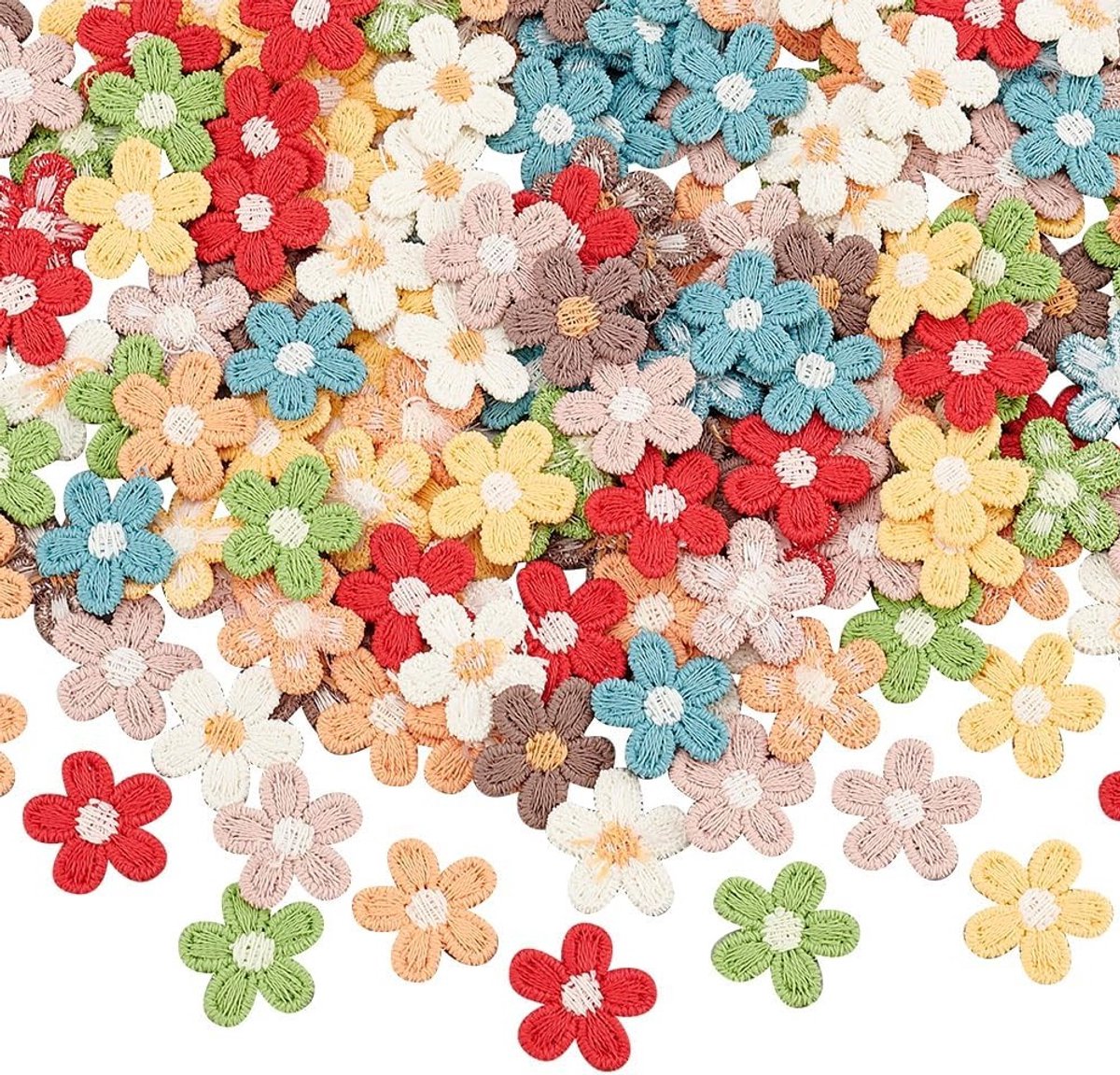 144 Stuks 8 Kleuren Gehaakte Bloemen Patches van 15mm | Katoenen Applicaties voor Kleding, Kostuums en Creatieve Projecten