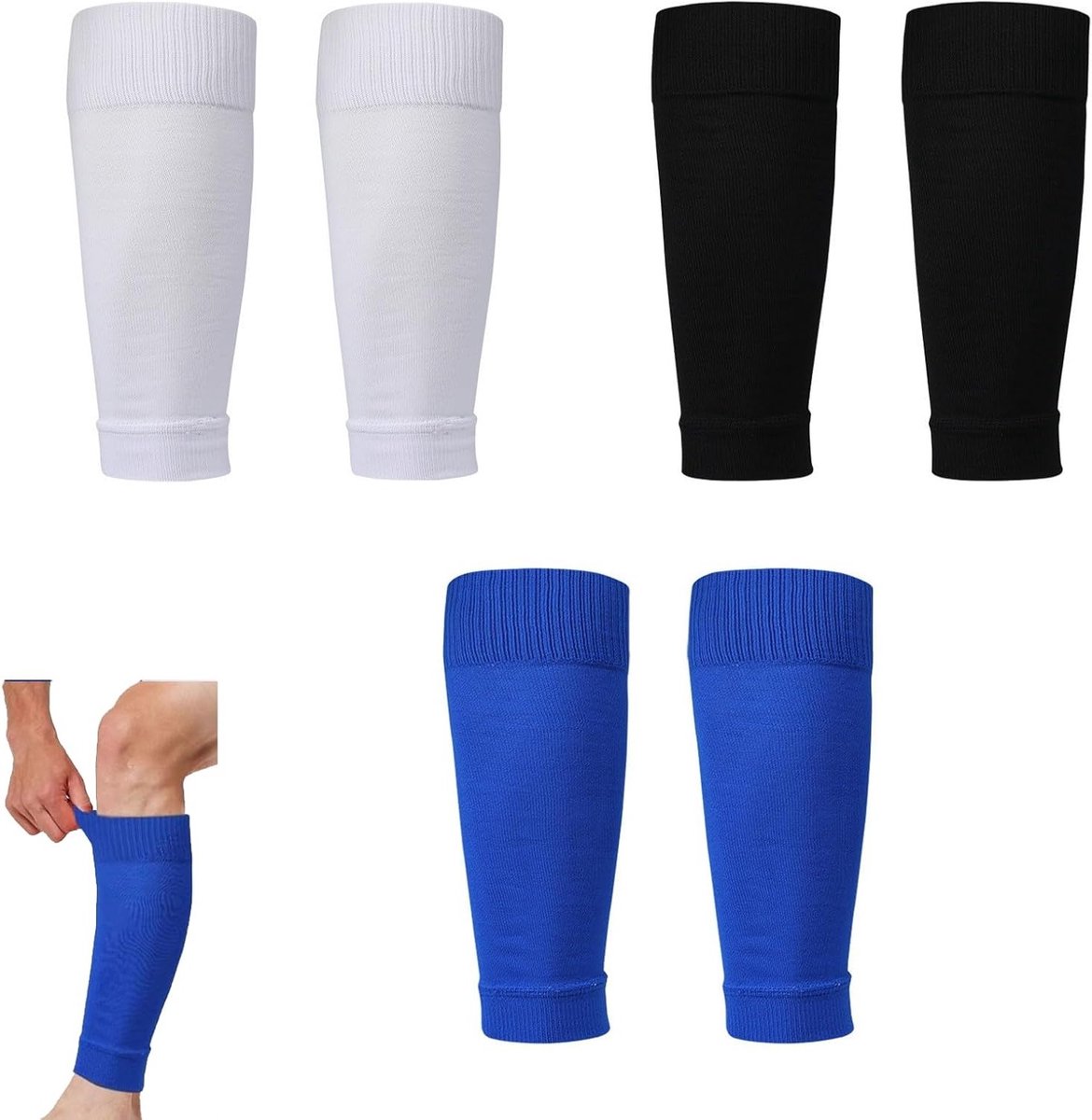 Voetbalschermers voor kinderen met 3 paar sportkousen, zwart en blauw, 31x9cm, ideaal voor training en bescherming van jongeren van 130-150cm