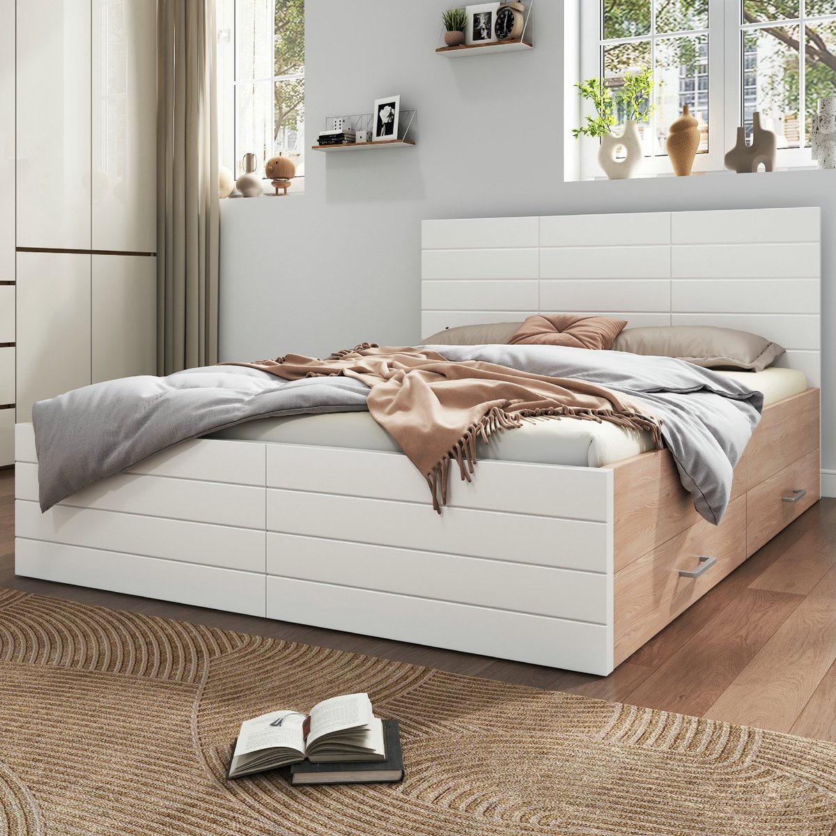 VVBV Tweepersoonsbed 140x200 / Opbergbed – met Opbergruimte, Lades, Lattenbodem – 2 Lades – Massief Hout – Wit – Zonder Matras – met 2 Lades en Lattenbodem Eiken/Wit