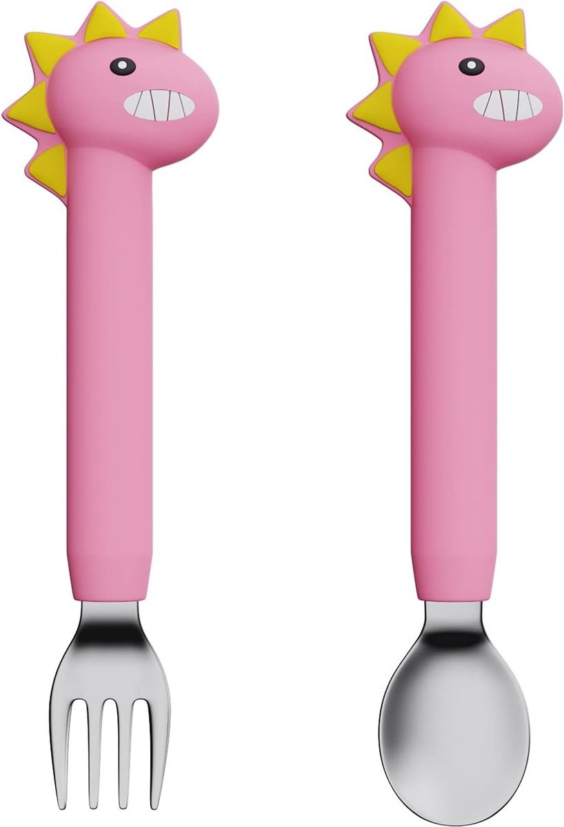 Set van 2 kinderbestek voor het leren eten, roestvrijstalen vork en lepel, ideaal voor peuters, stimuleert eetlust en zelfredzaamheid, geschikt voor babyvoeding en peutermaaltijden