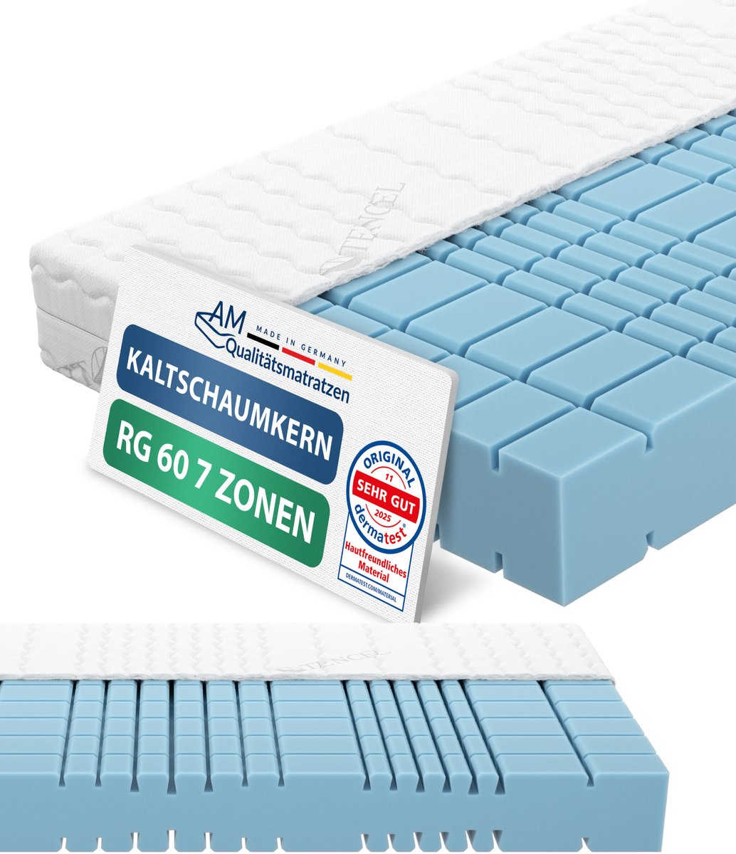 AM Qualitätsmatratzen Premium 7 zones koudschuimmatras 100x200 H4 Made in Germany OEKO TEX gecertificeerde koudschuimmatras 100x200 19 cm hoog ergonomisch matras 100x200 cm