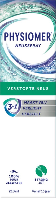 Doos 'Physiomer Neusspray Strong Jet'. Met blauwe en groene golvende opdruk en "3 in 1" logo.