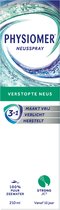Doos 'Physiomer Neusspray Strong Jet'. Met blauwe en groene golvende opdruk en "3 in 1" logo.