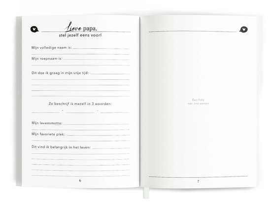 Open boek met lege invulvelden en tekst "Lieve papa, stel jezelf eens voor!"