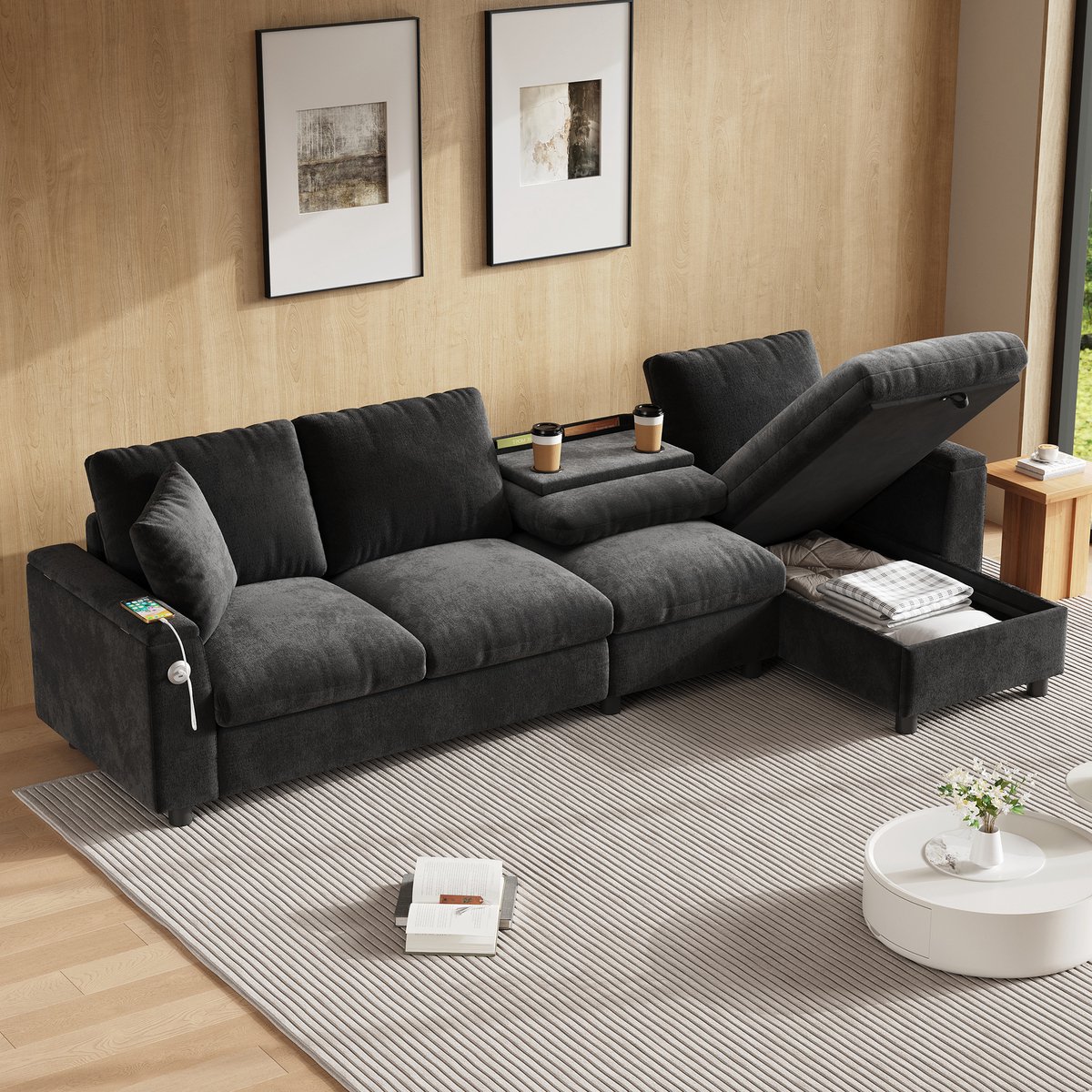 MIVRAY Hoekbank 280 x 137 cm - Slaapfunctie En Opbergruimte - Voor Woonkamer En Kleine Ruimtes - Chenille Grijs