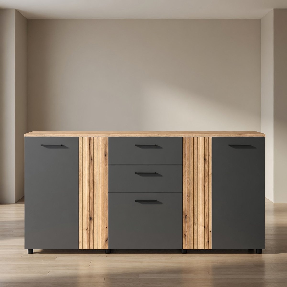 Mobili Bella Esteban Opbergkast 181 cm – Antraciet & Evoke Eiken – Multifunctionele Dressoir Kast met 5 Deuren, 1 Lade, 6 Vakken & Verstelbare Planken – Smalle Hoge Sideboard Commode voor Woonkamer, Eetkamer, Hal & Slaapkamer