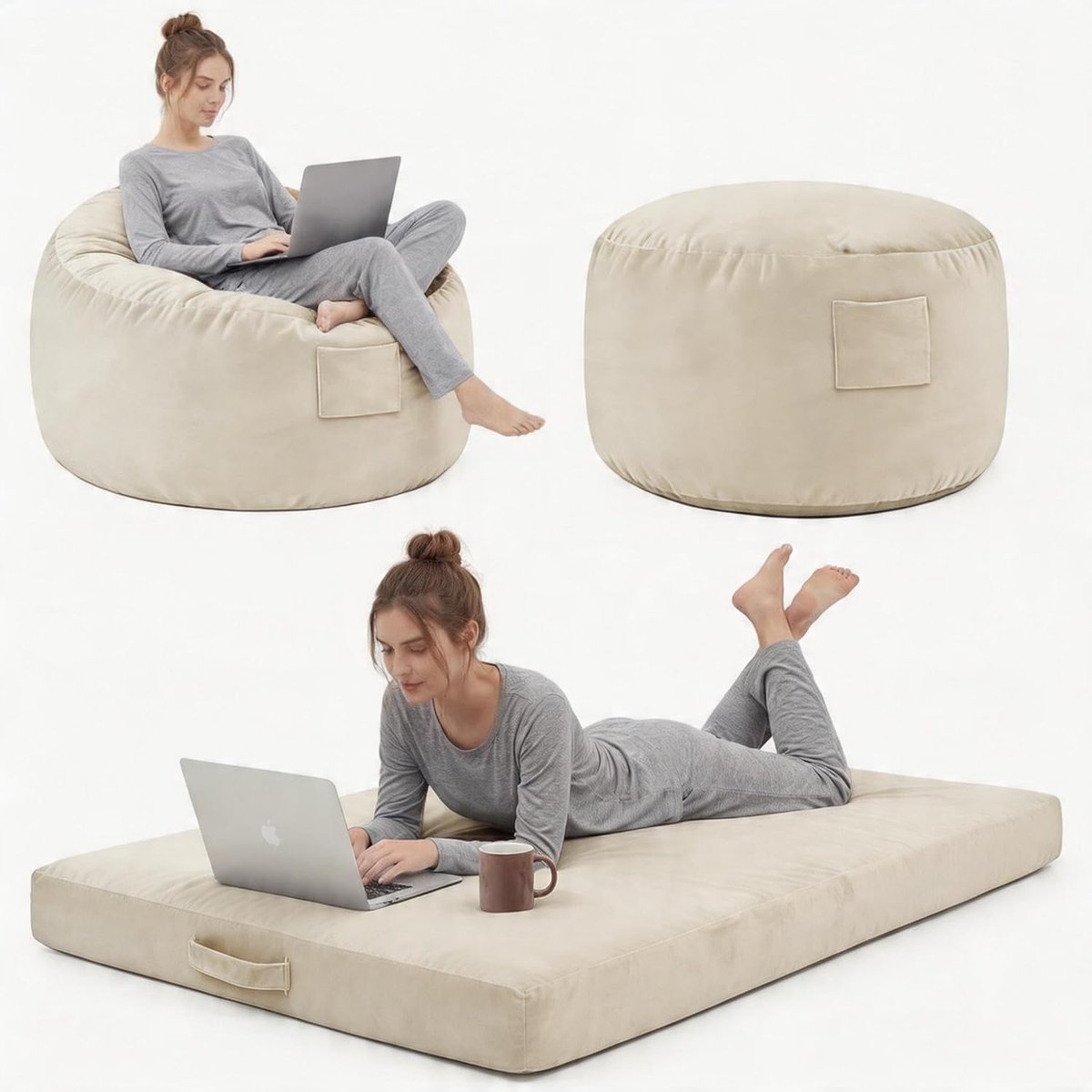 HOERFURIY Grote 4-in-1 Omvormbare Zitzak & Loungebed - Met Traagschuim Vulling en Wasbare Hoes - Zacht Flanel - 112x112 cm - beige