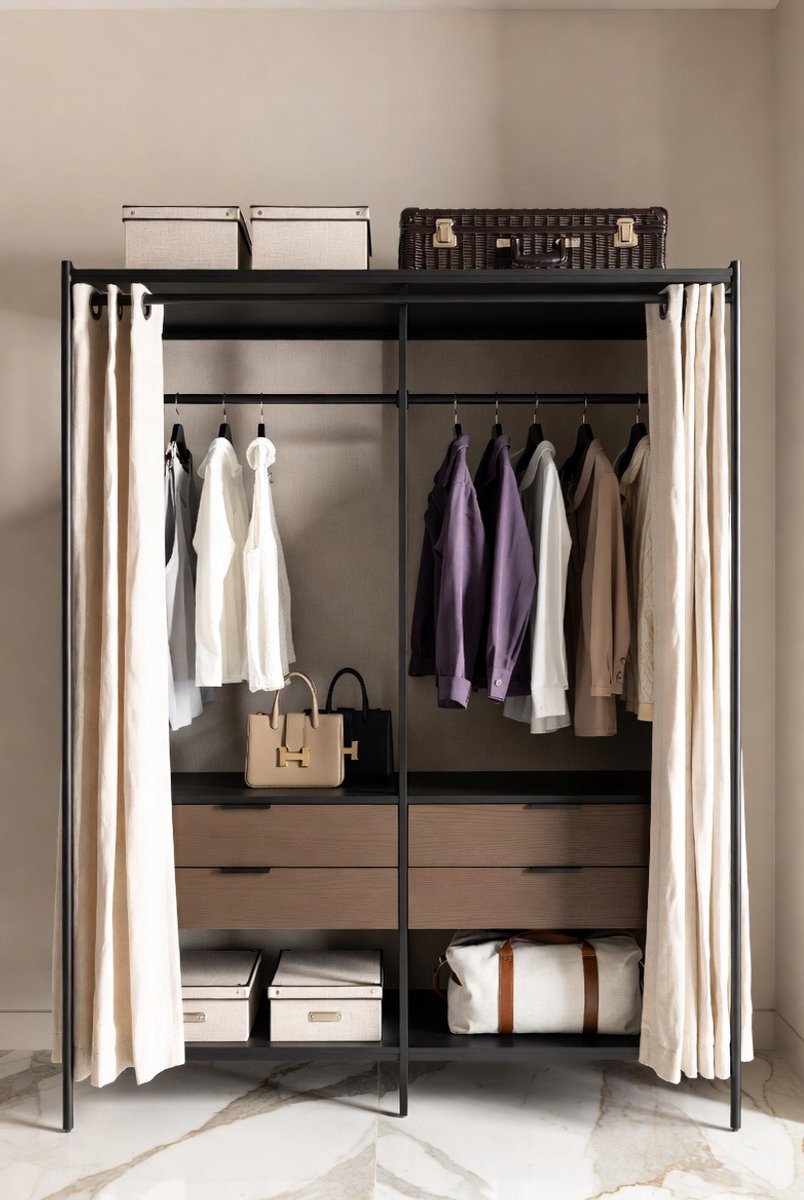 Industriële Open Kledingkast XXL 150x50x214 cm met Gordijnen, Laden en 3 Kledingstangen – Ruime Garderobekast Metaal & Hout – Zwart/Rustiek Bruin – Mobili Bella