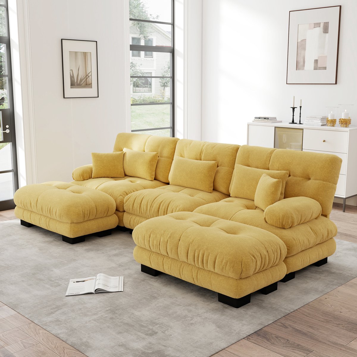 FloraGrace Modulaire U-Bank - Diepe Zitting, Verplaatsbare Ottomans & Zachte Chenille - Wo