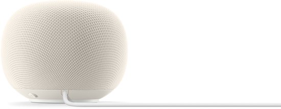 Witte Google Home speaker, weergave van de zijkant met de kabel.