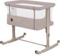 Beige co-sleeper met gaaspanelen, een print van paardenbloemen en verstelbare hoogte.