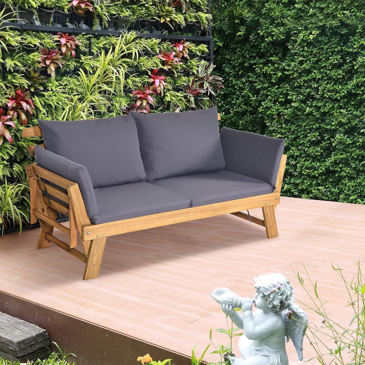 Houten Tuinbank met Ligfunctie 198 x 75 x 75 cm Acaciahouten 2-3 Zits Loungesofa met Verstelbare Armleuningen, Inclusief Grijze Kussens, Omvormbaar tot Ligbed voor Tuin, Terras en Balkon Grijs - Mobili Bella