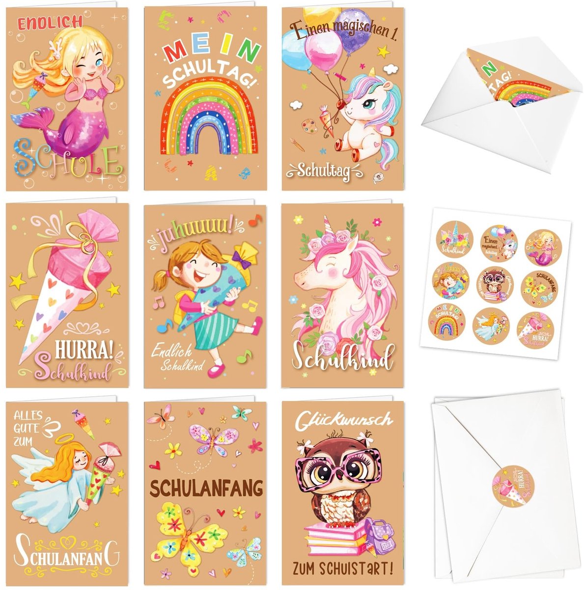 Dailygoods- Wenskaarten 9 Stuks - Wenskaarten Schoolkinderen - Wenskaarten Eerste Schooldag - Wenskaarten Meisjes - Wenskaarten Eenhoorn/Engel - Kaartjes