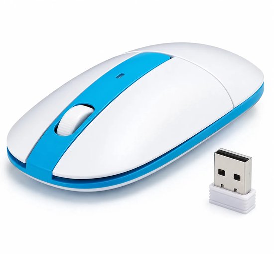 Witte draadloze muis met blauwe accenten en USB-ontvanger, gefotografeerd op een witte achtergrond.