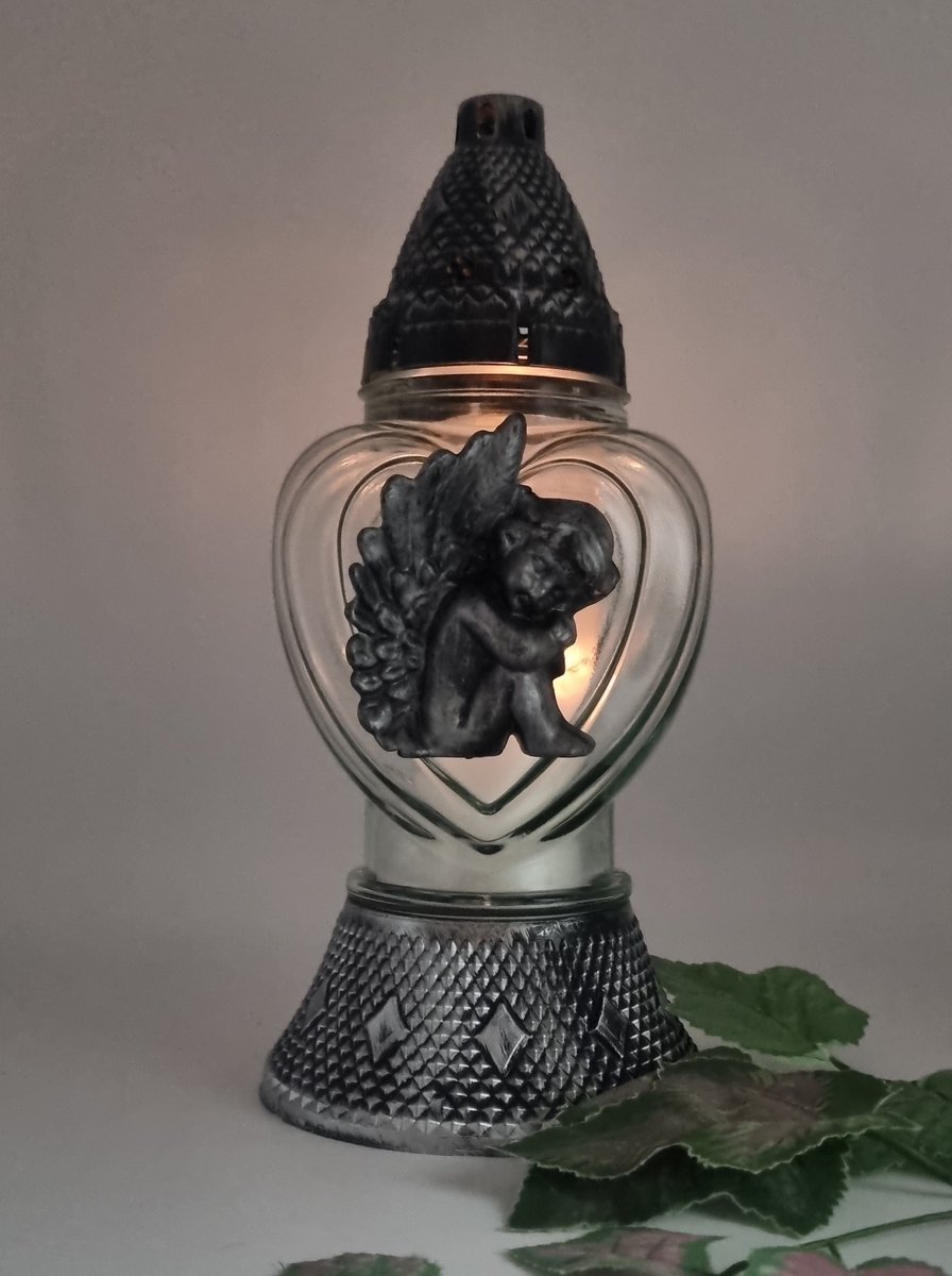 Herdenkingslichtjes Herdenkingslicht - P39 - Engel - Hart - Zilver - Grafkaars - Graflicht - Graflantaarn – Grafdecoratie - Windlicht