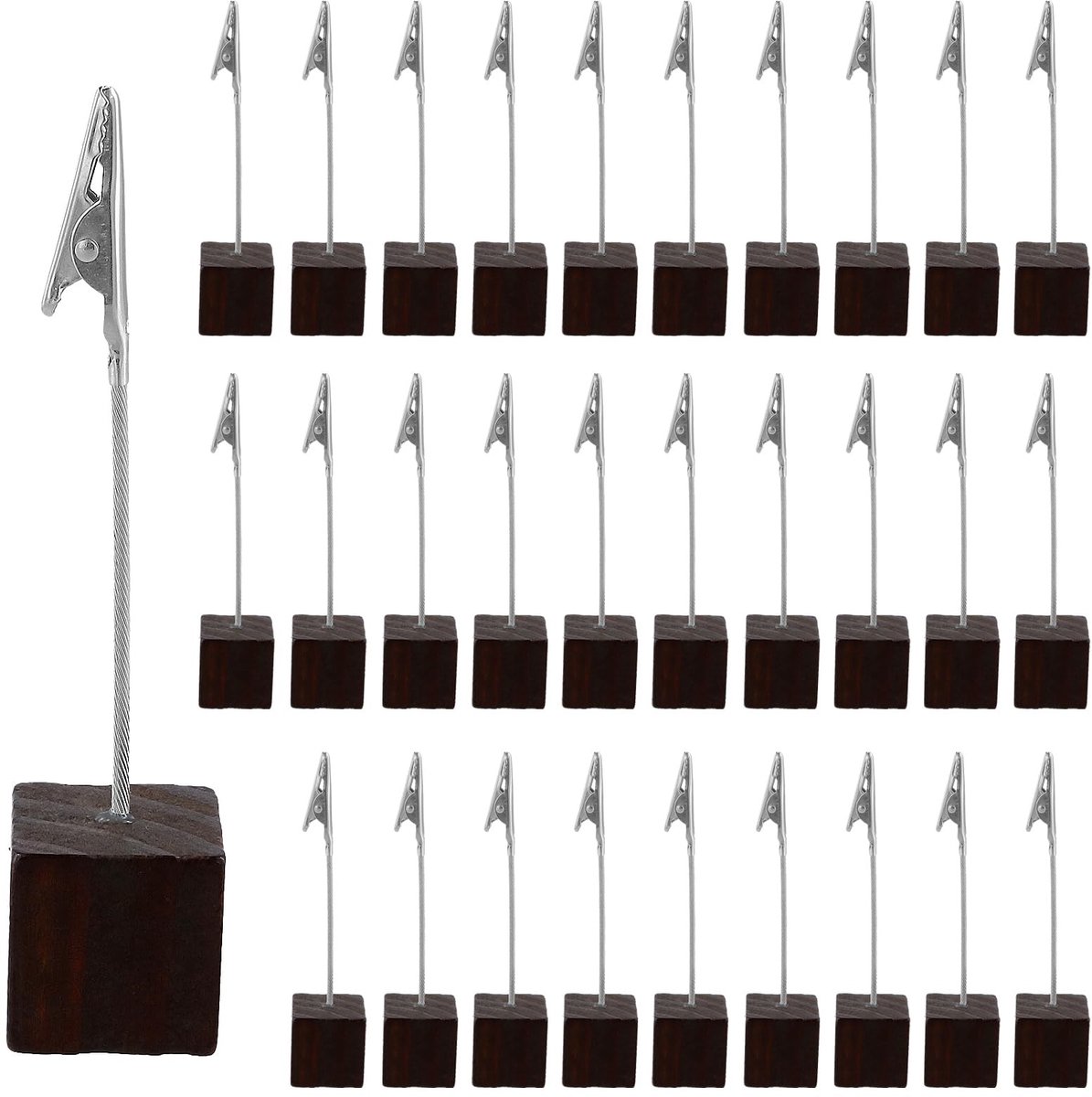 Dailygoods- Fotohouder met Klemmen - Houten Fotohouder - Tafelkaarthouder - 30 Stuks - 25 x 25 x 113 mm - Lichtbruin met Zilveren Clip