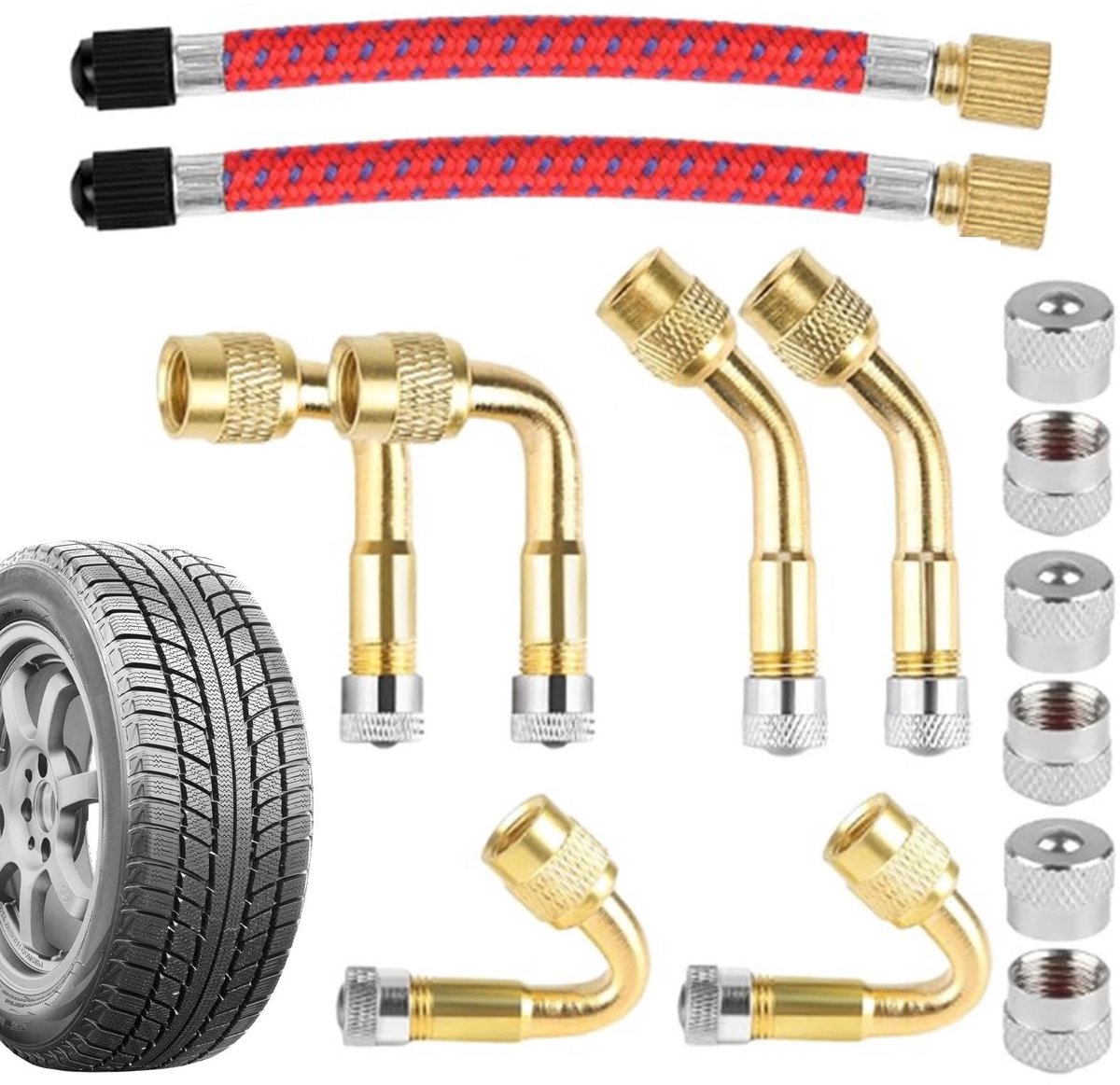 Dailygoods- Ventielverlenging 120 mm - Autoventieladapter 45°/90°/135° - Set van 2 - Metalen constructie - Geschikt voor auto's/motoren - Hoge precisie - Bandenventiel