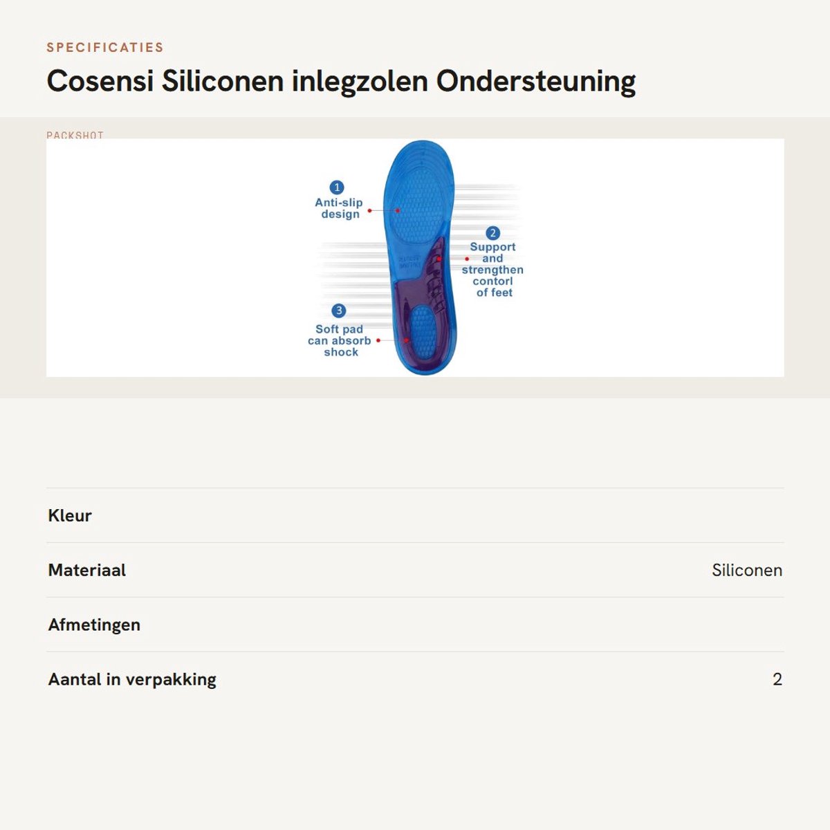 Dailygoods- Inlegzolen Sport - Antishock Orthesen - Ondersteuning Voetpijn - Silicone - Maat L 31,5 x 9,5 x 8,3 cm - Ademend en Duurzaam - Voetbed