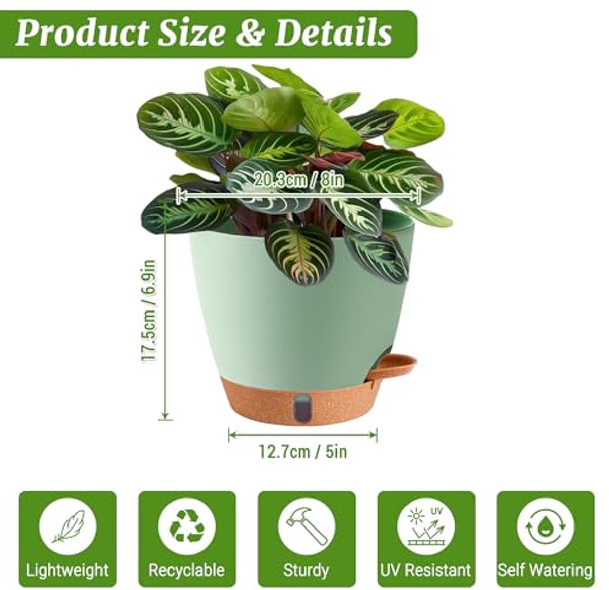 Set van 3 Zelfwaterende Bloempotten 20 x 17 cm – Voor Binnen en Buiten – Met Waterniveauvenster – Lichtgewicht, UV-, Vorst- en Breukbestendig – Groen — cadeau in Wonen & Interieur - foto 2