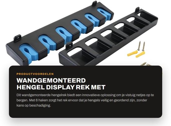 Dailygoods- Hengelrek Wandgemonteerd - 6 Bevestigingsclips - Vistuig Collectie Rek - Kunststof EVA - Zwart/Blauw - Bescherming tegen Beschadiging - Hengelstandaard van Dailygoods — afbeelding 5