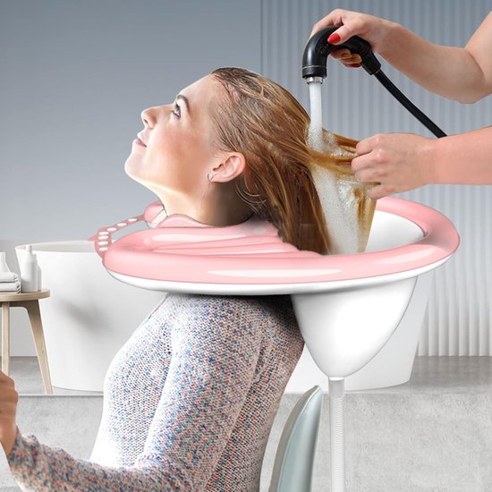 Opblaasbare shampoobak - met luchtpomp en afvoerslang - om liggend je haar te wassen - roze — afbeelding 2