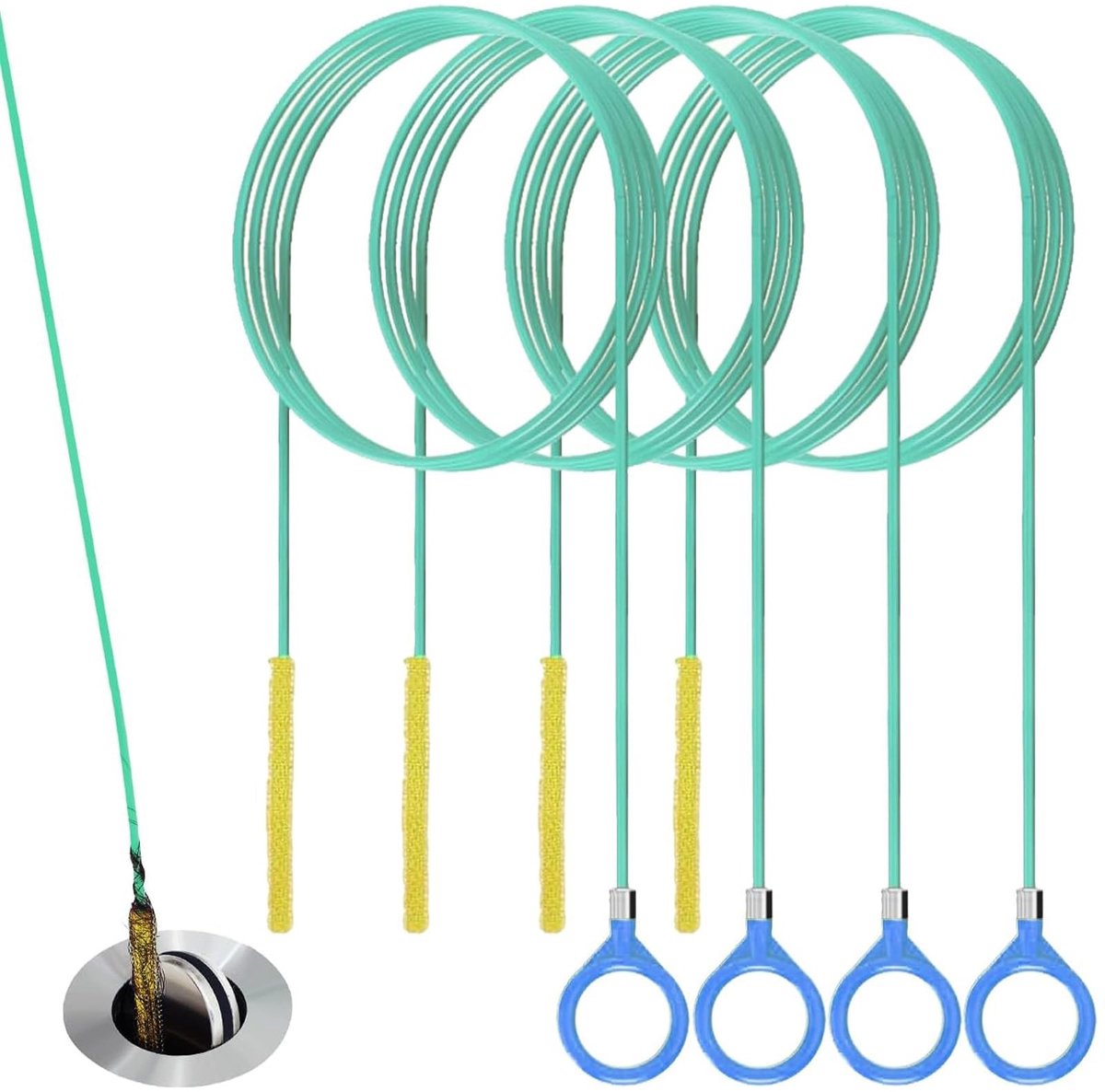 Dailygoods- Afvoerreiniger 90cm - 4-delige set - nylon gecoate draad - pijpreiniger - robuuste spiraal - effectief tegen verstoppingen