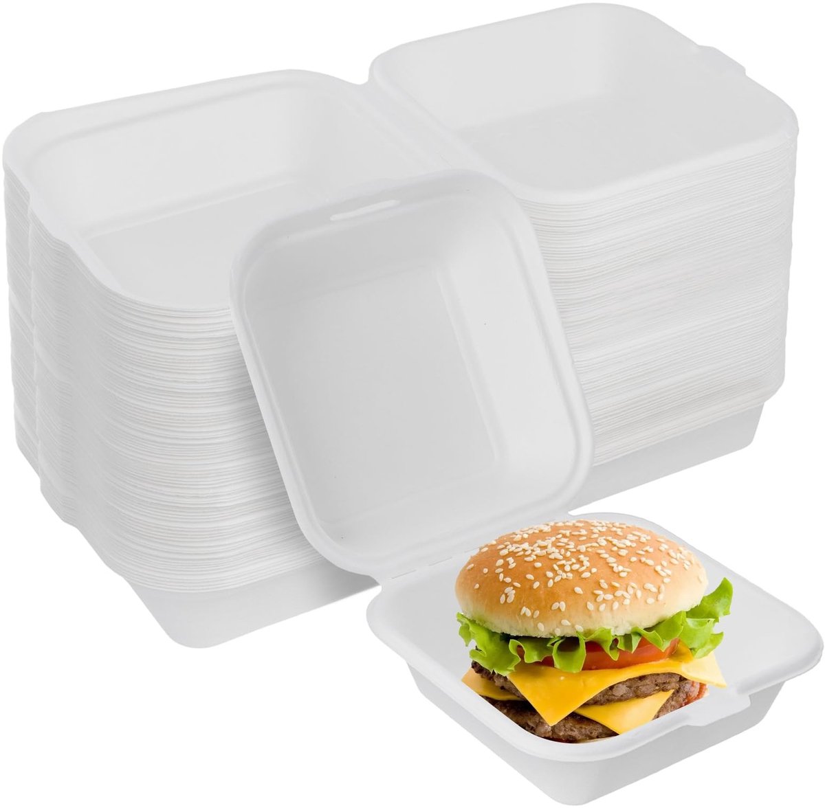 Dailygoods- Burgerdozen 100 Stuks - Witte Afhaaldozen - Voedsel Opslag Containers - Magnetron/Vriezer Geschikt - Suikerriet Pulp - 6 Inch Afmetingen