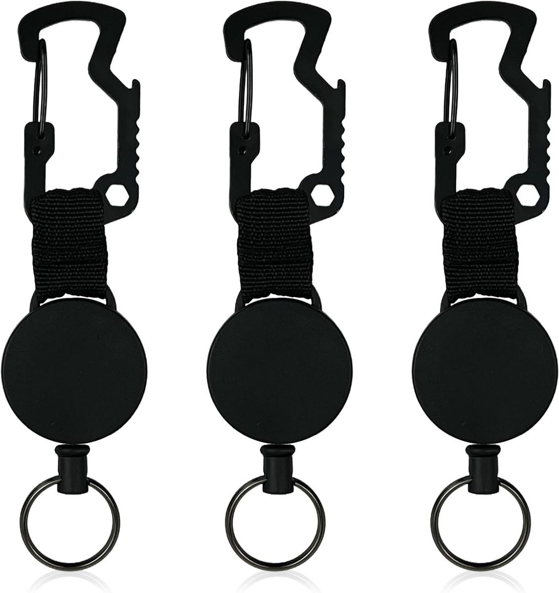 3-delige uitschuifbare sleutelhangerset met multifunctionele karabijnhaak – Stevige sleutelhanger en ID-houder met 60 cm stalen koord, riemclip en flesopener