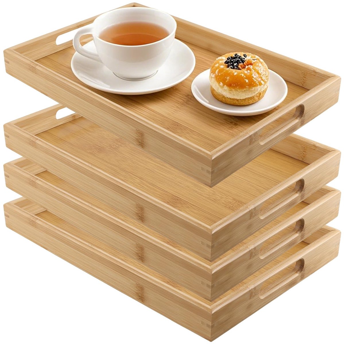 Dailygoods- Dienbladen 4 stuks - Bamboe - Rechthoekig 41 x 29 x 4 cm - Handgrepen - Duurzaam - Antislip zijkanten - Serveertray