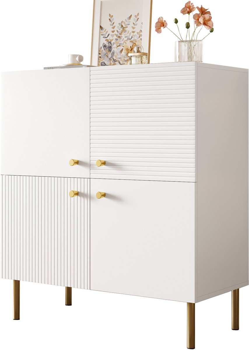 Clruro Dressoir - Zinklegering Handgrepen en Stalen Poten - Opbergruimte - MDF - Wit