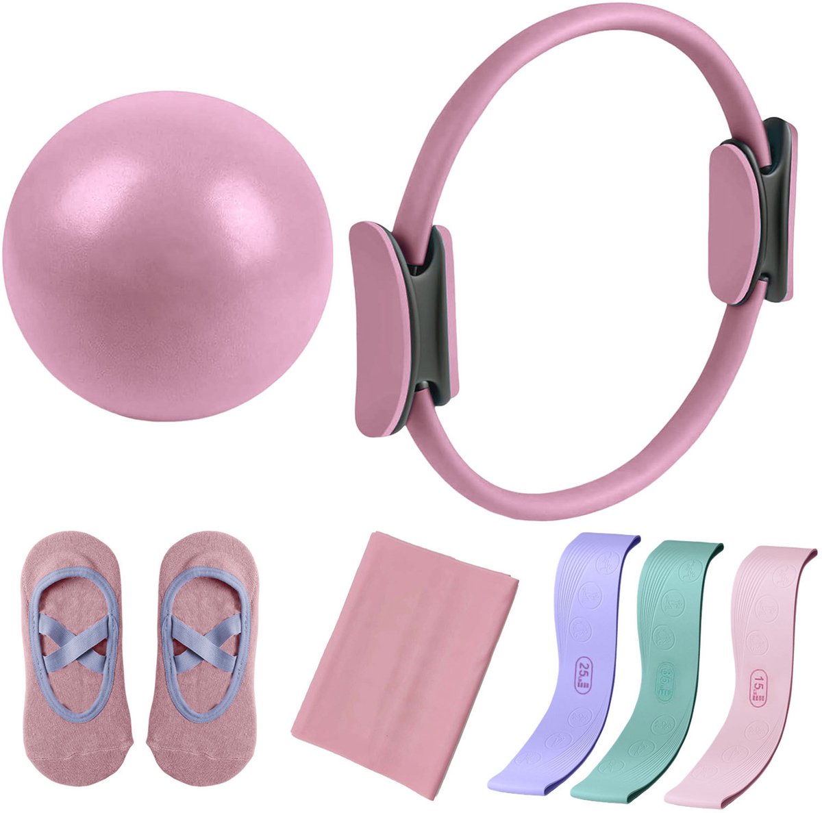 Pilates Professional - Pilates Set 7-delig - Thuis fitness voor Dames & Heren - 35cm Ring + Weerstandsbanden & Ball - Draagtas & Anti-slip Sokken