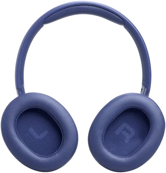 Blauwe JBL Tune over-ear koptelefoon, met letters L en R op de oorschelpen.
