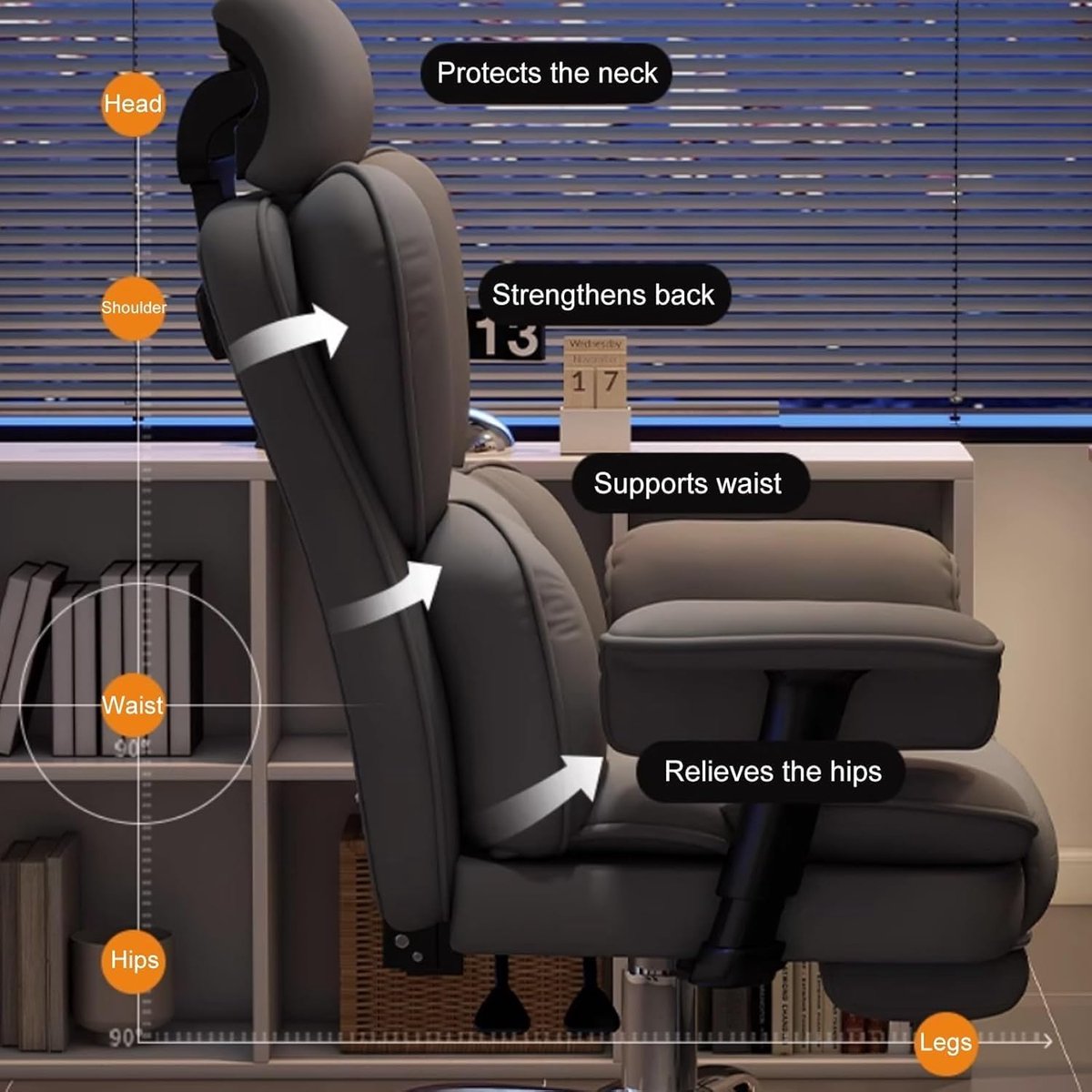 Bureaustoel Ergonomisch Gamingstoel 360° Draaibaar Verstelbare Rugleuning 90-135° Hoofdsteun Lendensteun Voetsteun PU Leer Grijs – Mobili Bella