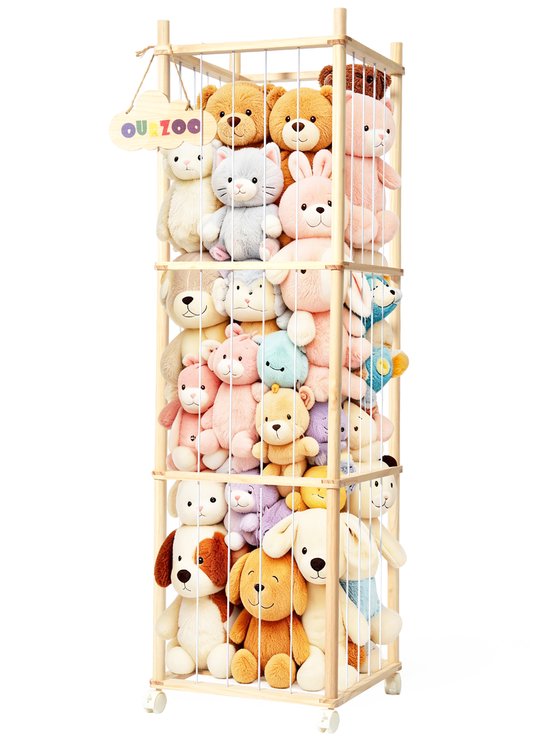 YONO Knuffel Opberger XL – Knuffel Opbergkast op Wielen – Speelgoed Opberger Kinderkamer – Houten Knuffelrek – Opbergmand Knuffels – 136 cm