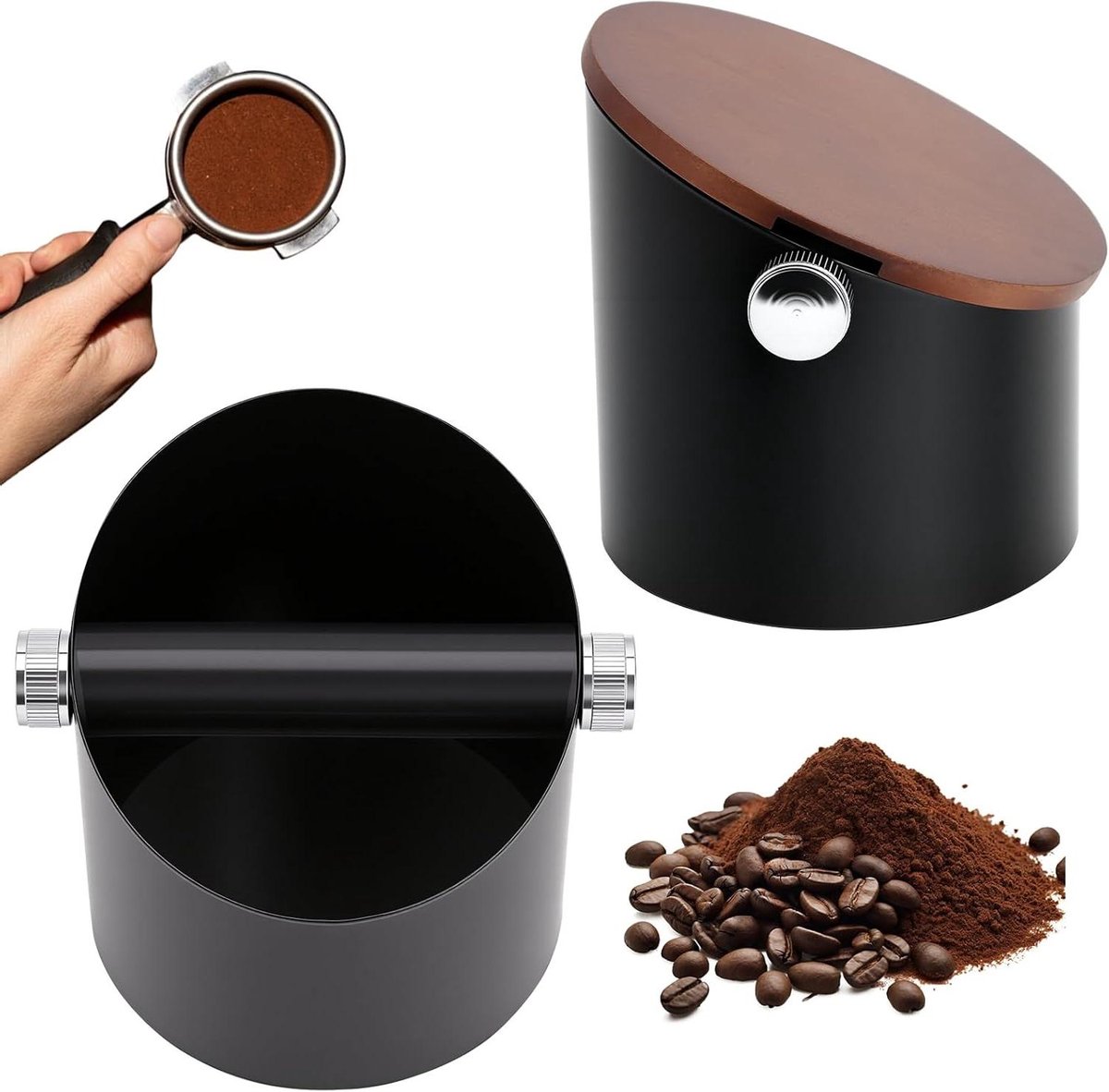 Koffie klopdoos met deksel,Roestvrijstalen Espresso Knock Box,Antislip rubberen basis,Verwijderbare klopstang