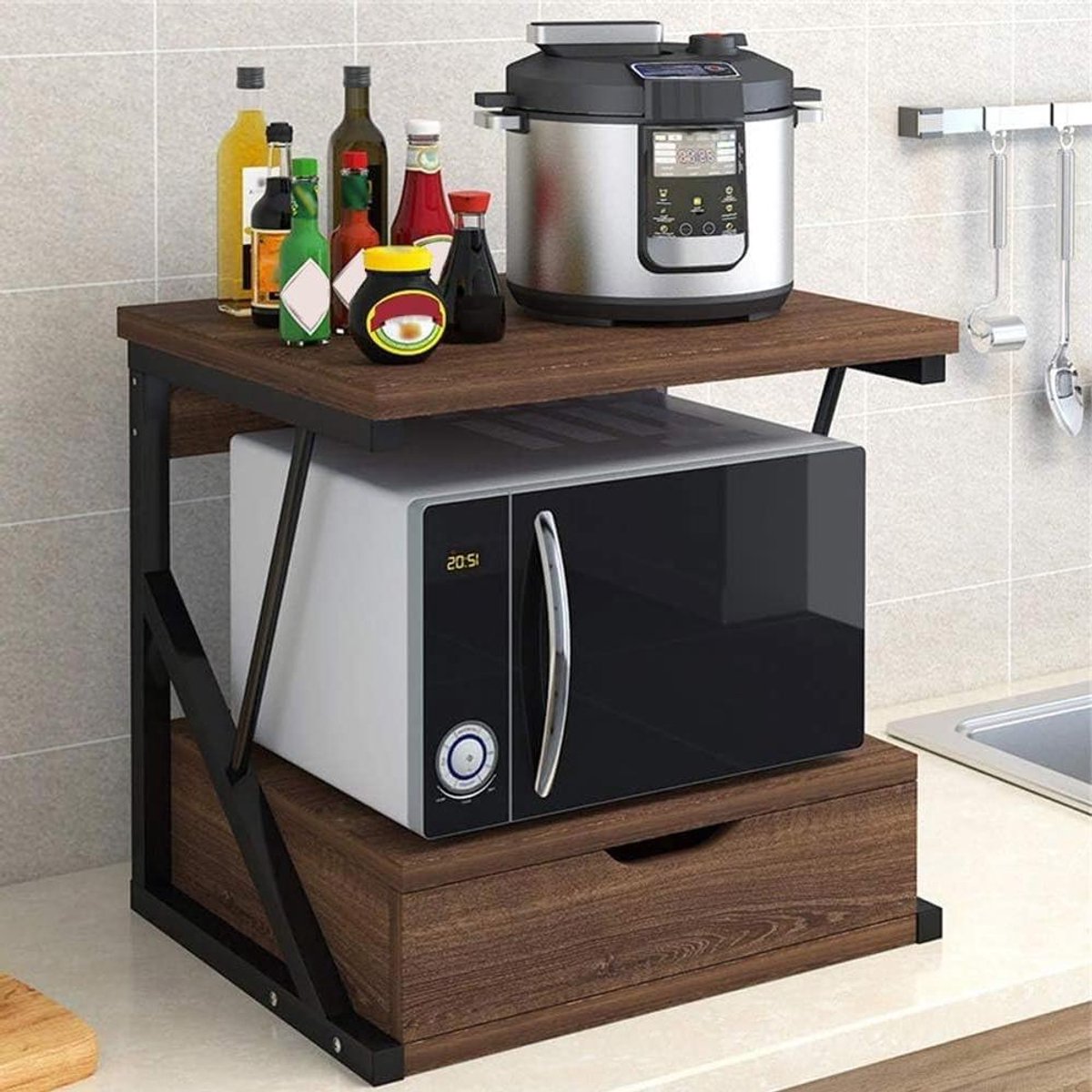 2-laags houten magnetronstandaard met lade Stevig keukenrek voor magnetrons broodroosters printers en meer Ruimtebesparend aanrechtblad Oak