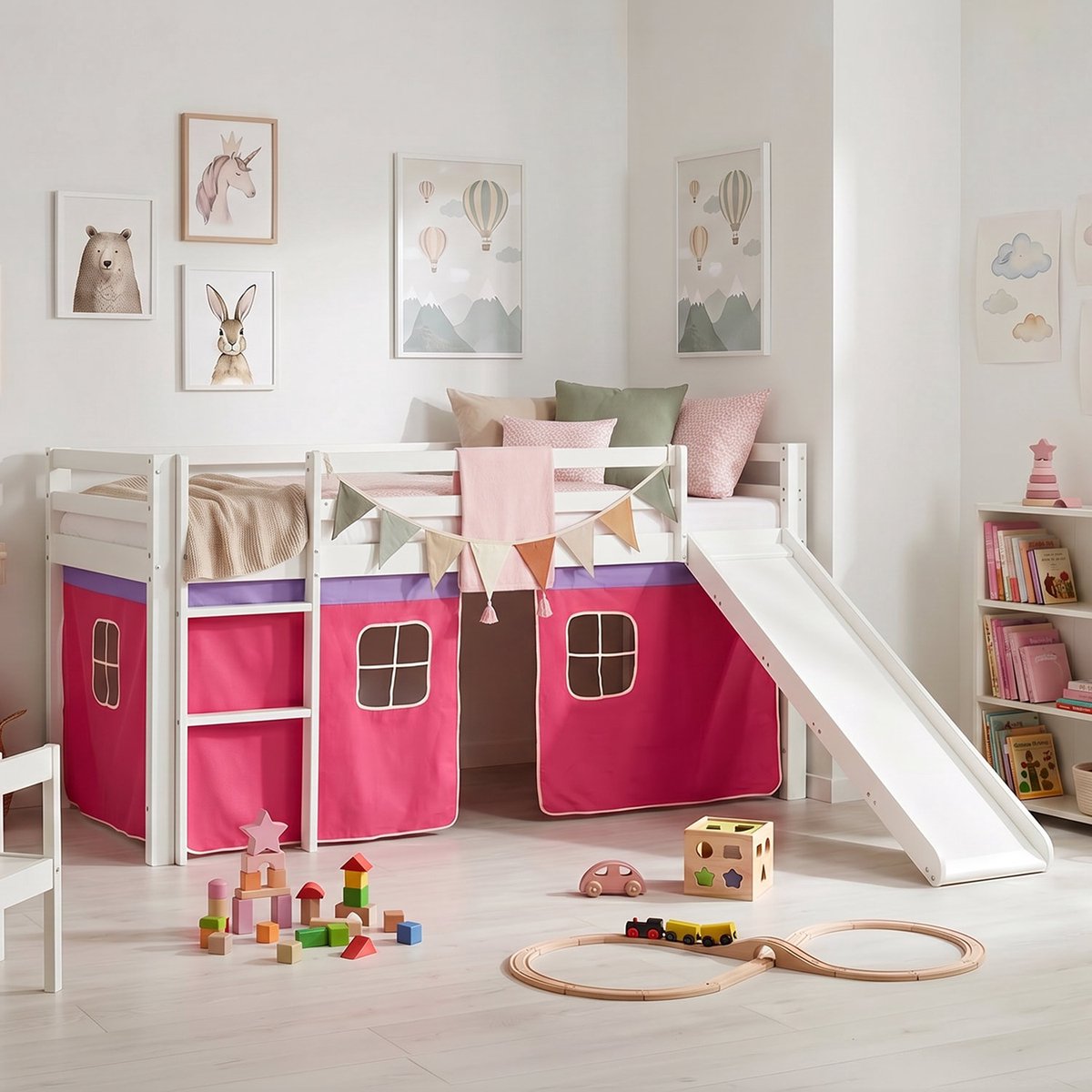 Homestyle4u Kinderbed - 90x200 cm - Hoogslaper - met glijbaan - wit met roze gordijn
