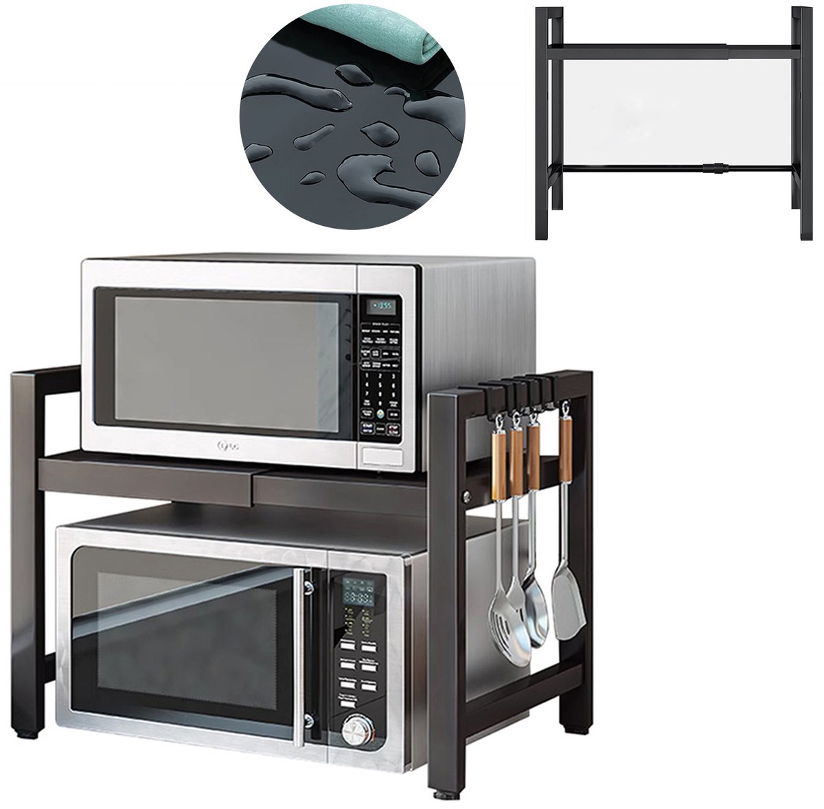 MODFU Magnetronrek 48×37×7 cm – Ruimtebesparend Keukenrek voor Aanrecht – Extra Opbergrek voor Magnetron, Oven, Koffiezetapparaat – Stevig Frame – Praktische Keukenorganisatie – Zwart