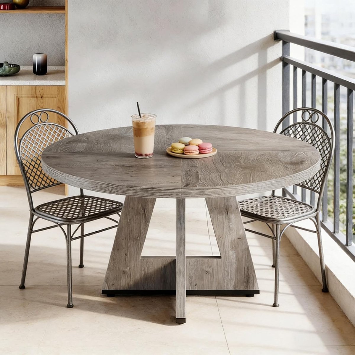 Landelijke Ronde Eettafel 120 cm – Farmhouse Design Esszimmertafel voor 4 Personen, Houtlook Grijs