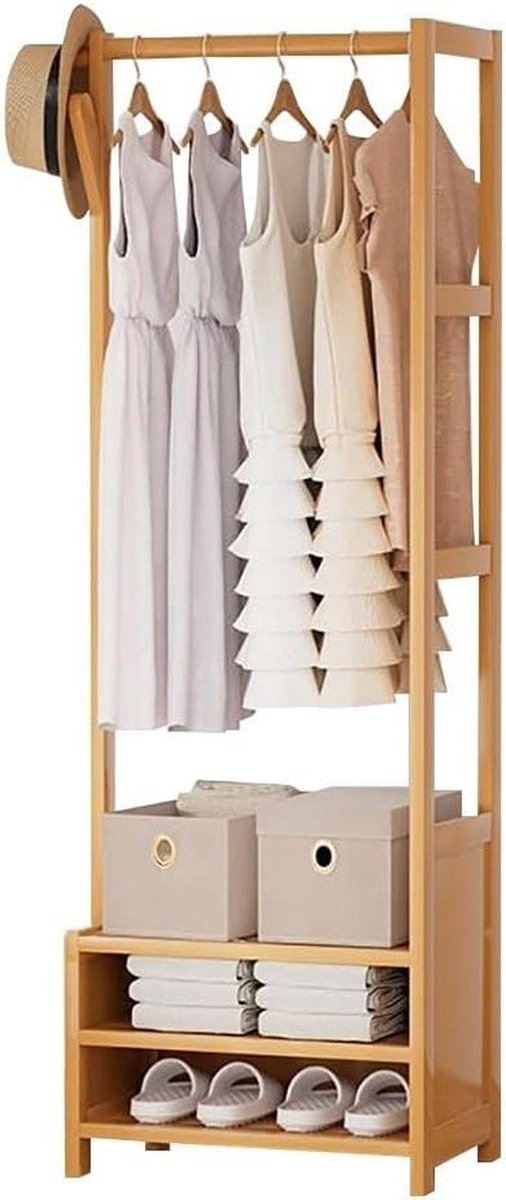 Kledingrek Bamboe - Kapstok Organizer - Ruimte Organiseren - Met Opbergplanken - 110x30x15