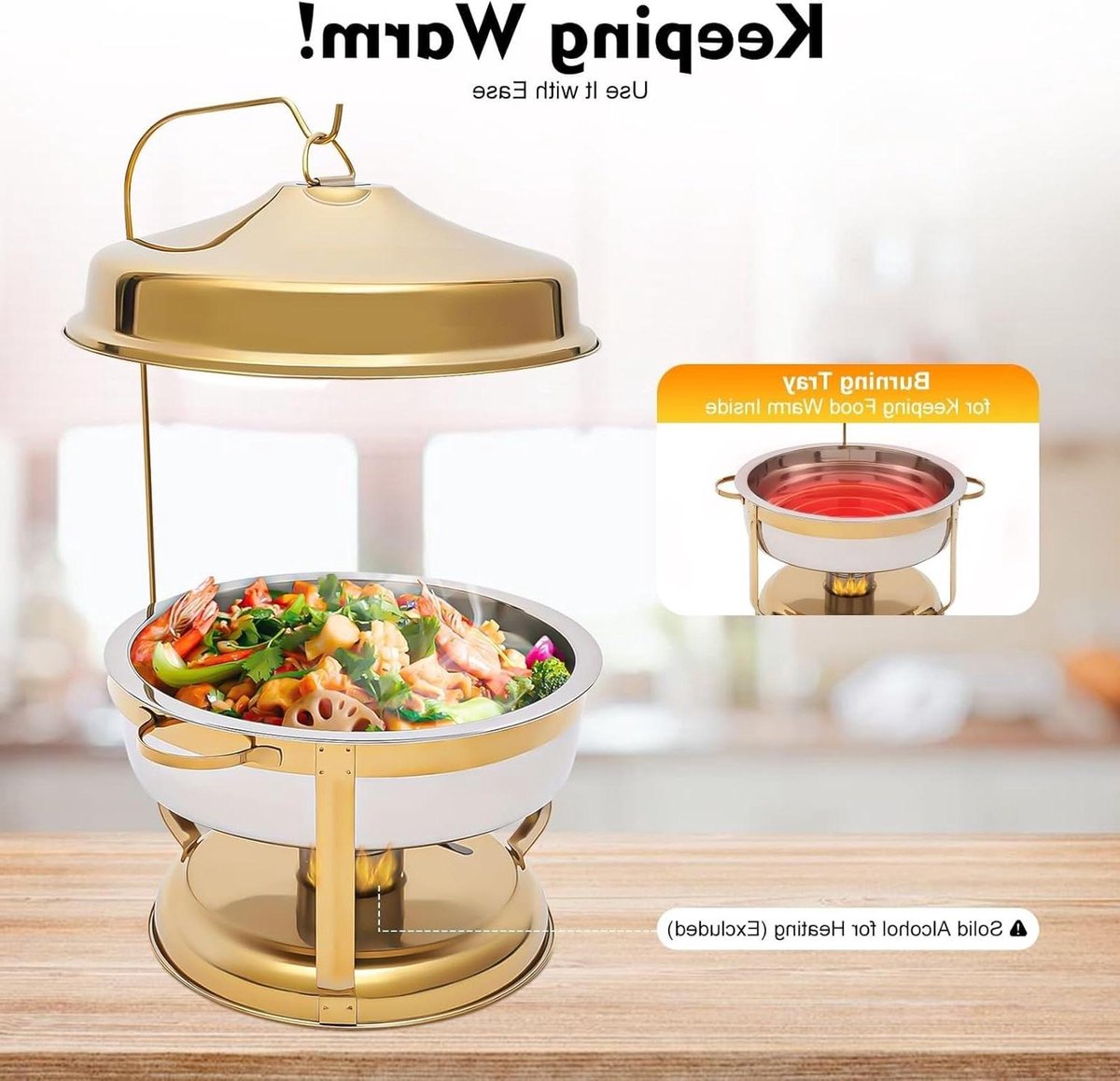 Buffet Verwarmer - Chafing Dish - Eten Warm Houden - Hangend Deksel - 9 Liter - Goud