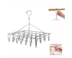 Sokkenhanger van roestvrij staal - Metalen sokkenhaken - Winddichte kledinghanger - Kledinghanger - Opbergrek - Clips - Met 30 clips - 360° draaibaar - Geschikt voor het drogen van sokken, kleine kledingstukken, enz. - Zilver