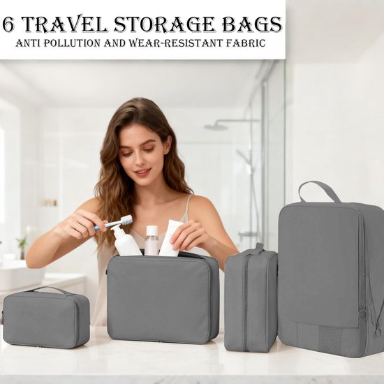 Compressie Verpakking Kubus - Reis Opbergzakje - Bagage Organiseren - Clean-Dirty Scheiding - 28x22x5 cm - Grijs — afbeelding 3