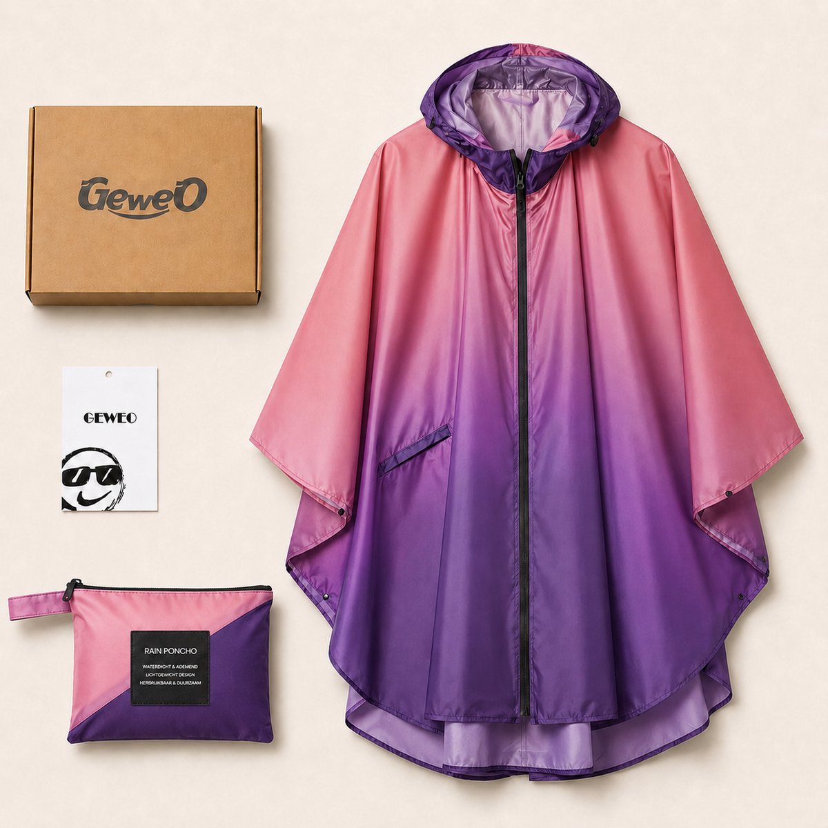 Geweo - Regenjas - Regenponcho - Regenponcho Volwassenen - Fietsponcho Fiets - Dames & Heren - Waterdicht - Roze Paars verloop