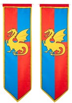 Boland Ridder banier - 2x - blauw/rood - met draak - 100 x 30 cm - vlag - riddervlag - ridder versiering - middeleeuwen