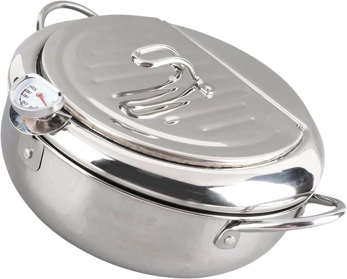 Roestvrijstalen Frituurpan - Compacte Frituur - Thuis Frituren - Nauwkeurige Thermometer - 24 Cm Diameter - Zilver
