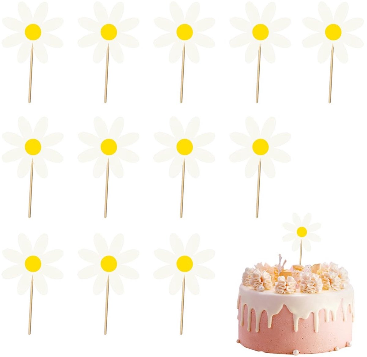 Dailygoods- Taartdecoratie Set - Madeliefjes/ bloemen - Taarttoppers - Feestdecoratie - Veilig materiaal - Herbruikbaar en kleurrijk