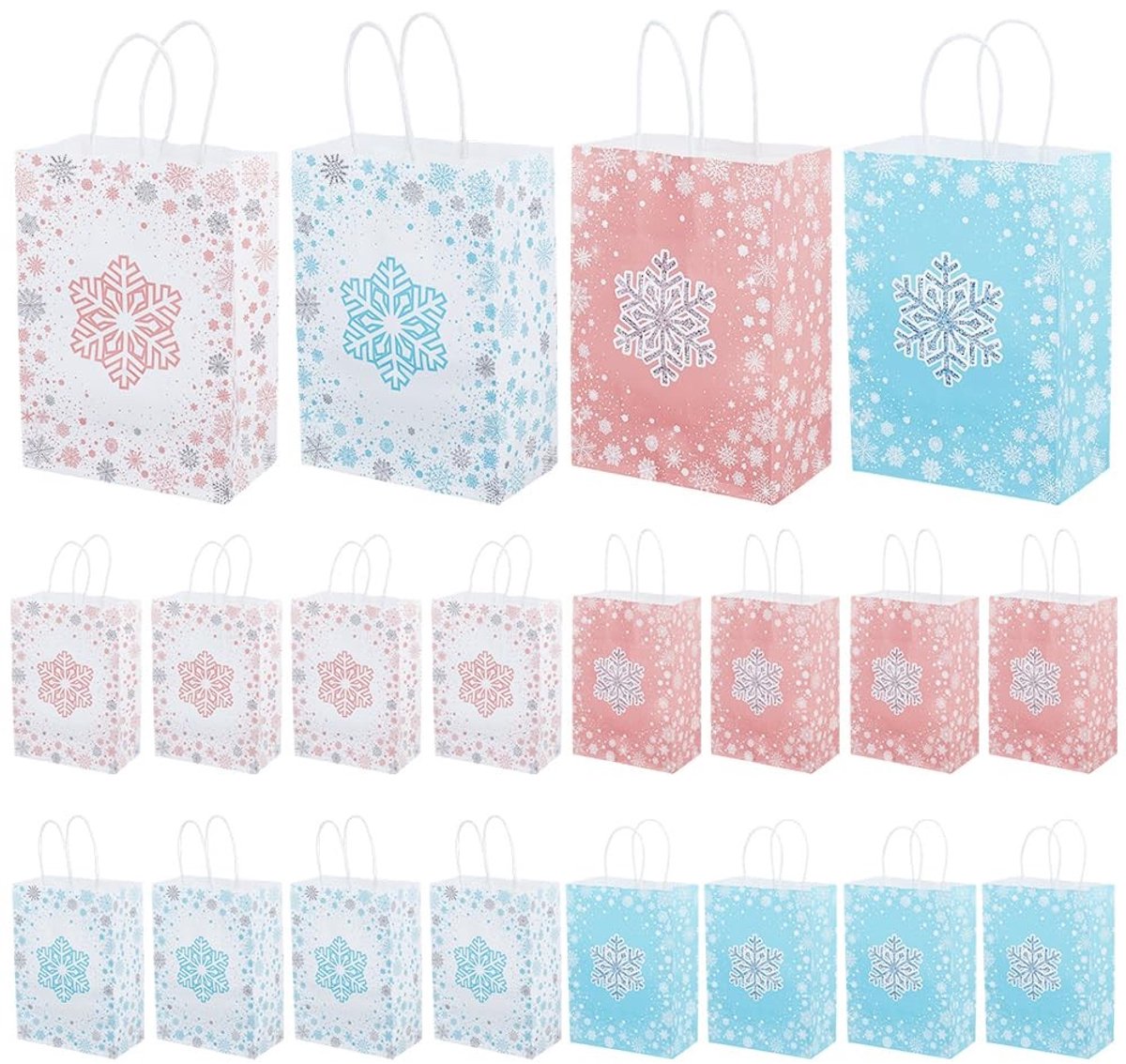 Dailygoods- Feestzakjes 32 Stuks - Sneeuwvlok Patroon - Winterthema - Geschenkzakken met Handgrepen - Feestbenodigdheden - Alternatief voor Plastic Zakken