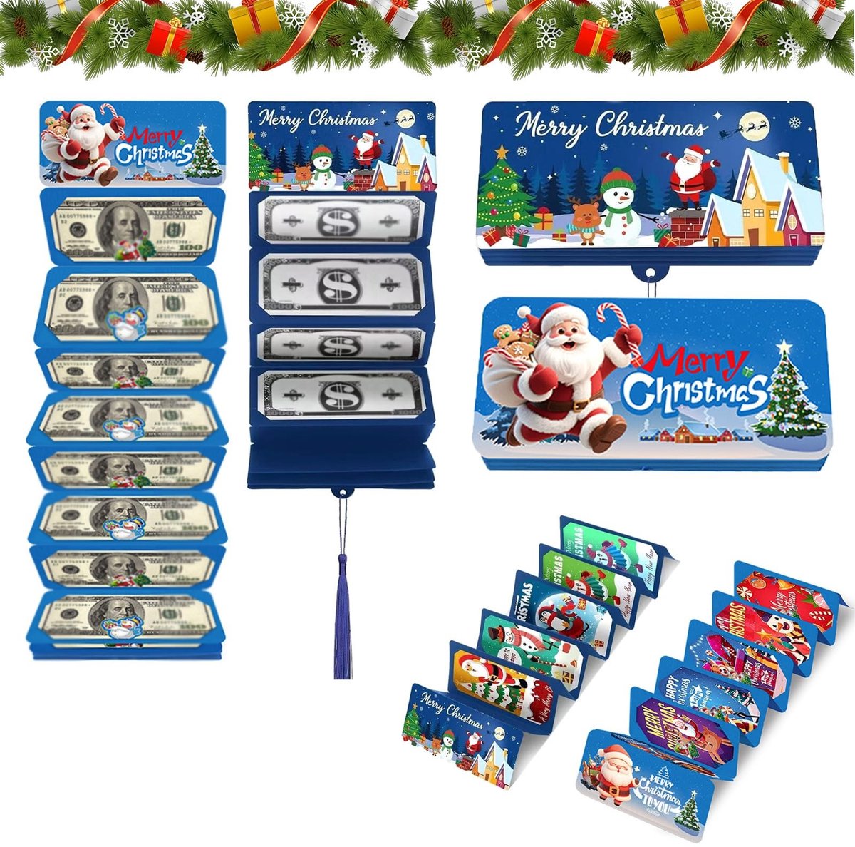 Dailygoods- Geldportefeuille 4 Stuks - Kerstportefeuille - Geldgeschenken - Contant Geld - Kaartsleuven 10 - Blauw Papier - Cadeauportemonnee