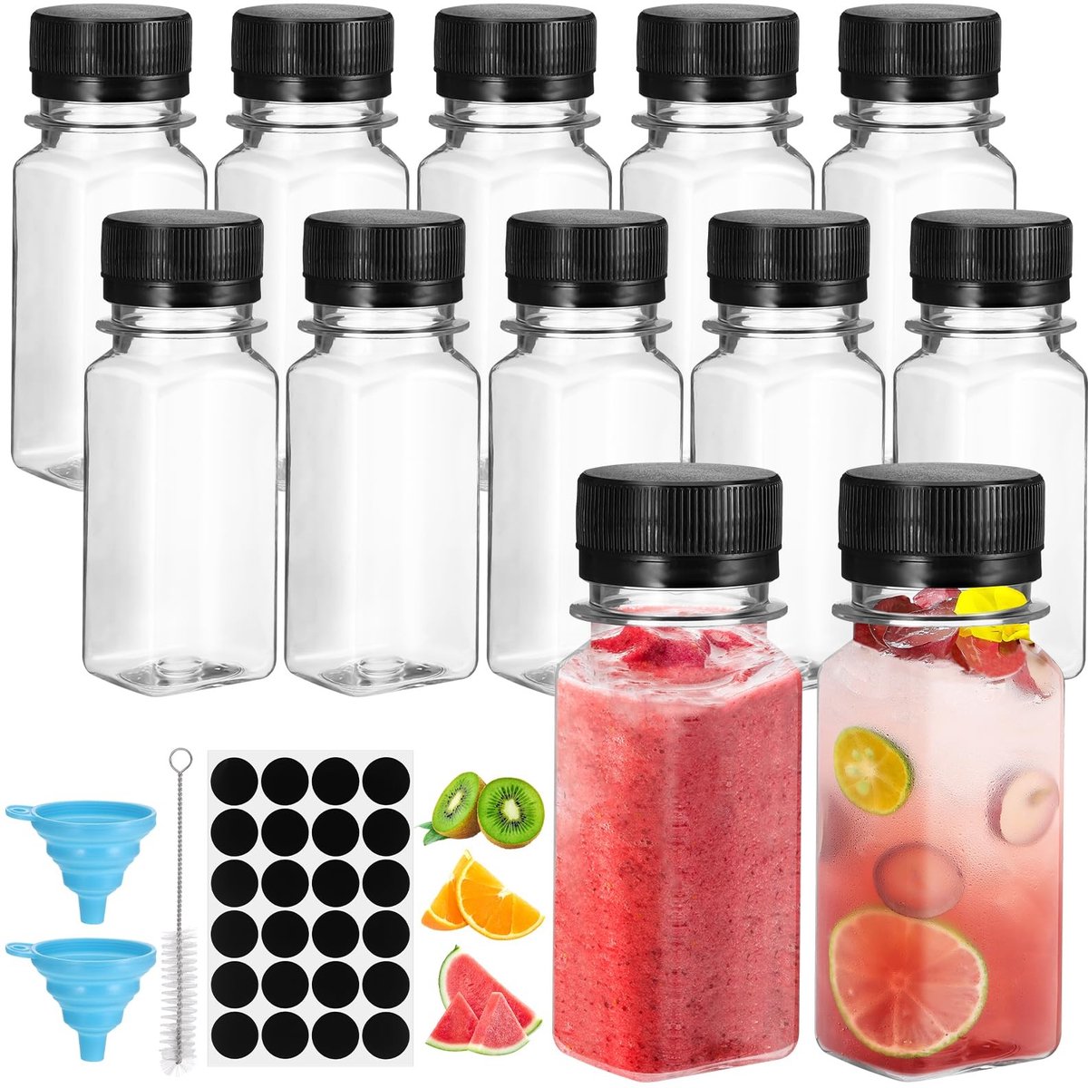 Dailygoods- Sapflessen 12 Stuks - 60 ml Herbruikbare Fles - PET Transparant - Zwart Deksel - Etiketten en Trechter - Hittebestendig - Shotflessen